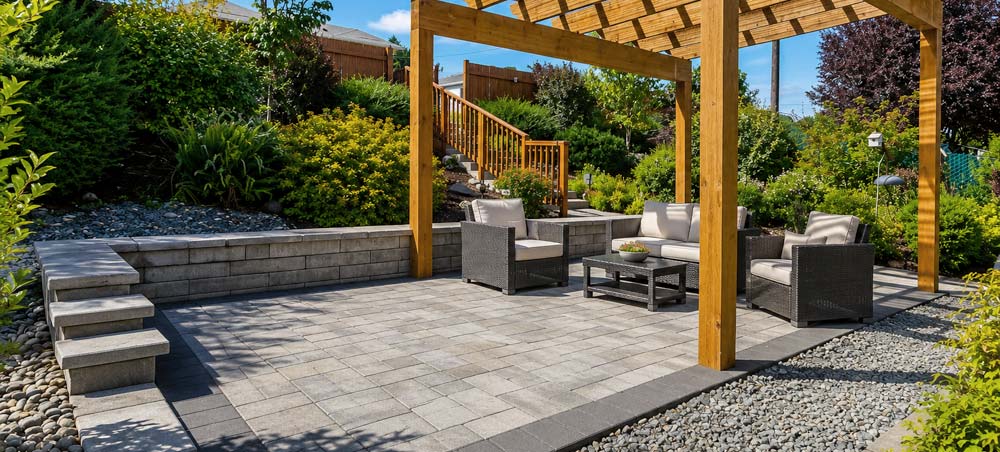 Custom pergola and paver patio outdoor living space in Anacortes, WA