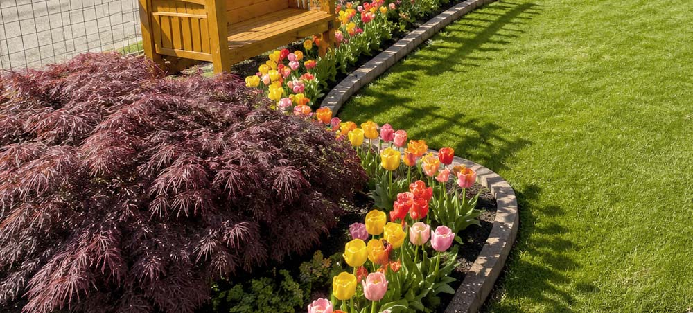 Custom landscape design with colorful flower beds, manicured lawn, and decorative pergola in Anacortes, WA
